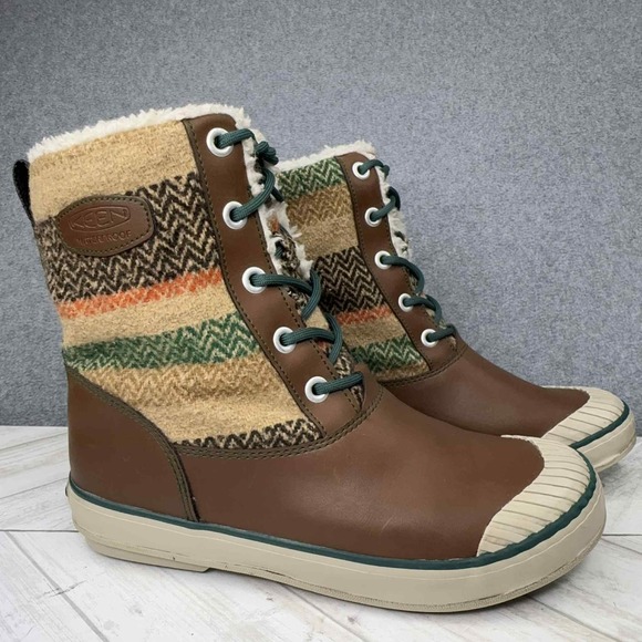 KEEN Waterproof Elsa Ankle Boots Womens 8.5 Brown Sherpa Lined Wool Blend Aztec - Picture 1 of 13